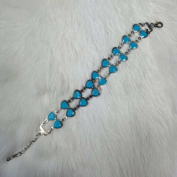 Lightweight Sky Blue Plastic Heart & Silver Tone Link Bracelet 8.25" - Picture 4 of 6